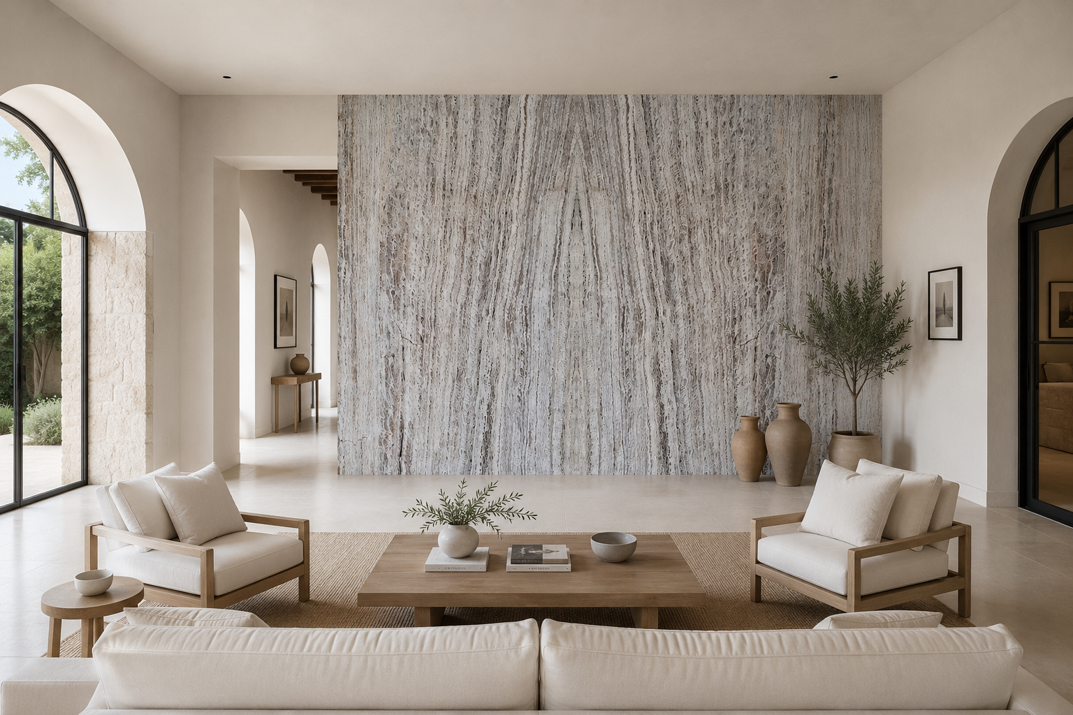 Salón con mural de travertino SIlver White Salón con mural de travertino SIlver White
